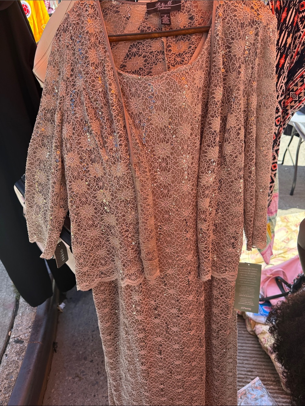 R&M Richards Blush Lace Evening Dress with Beaded Jacket